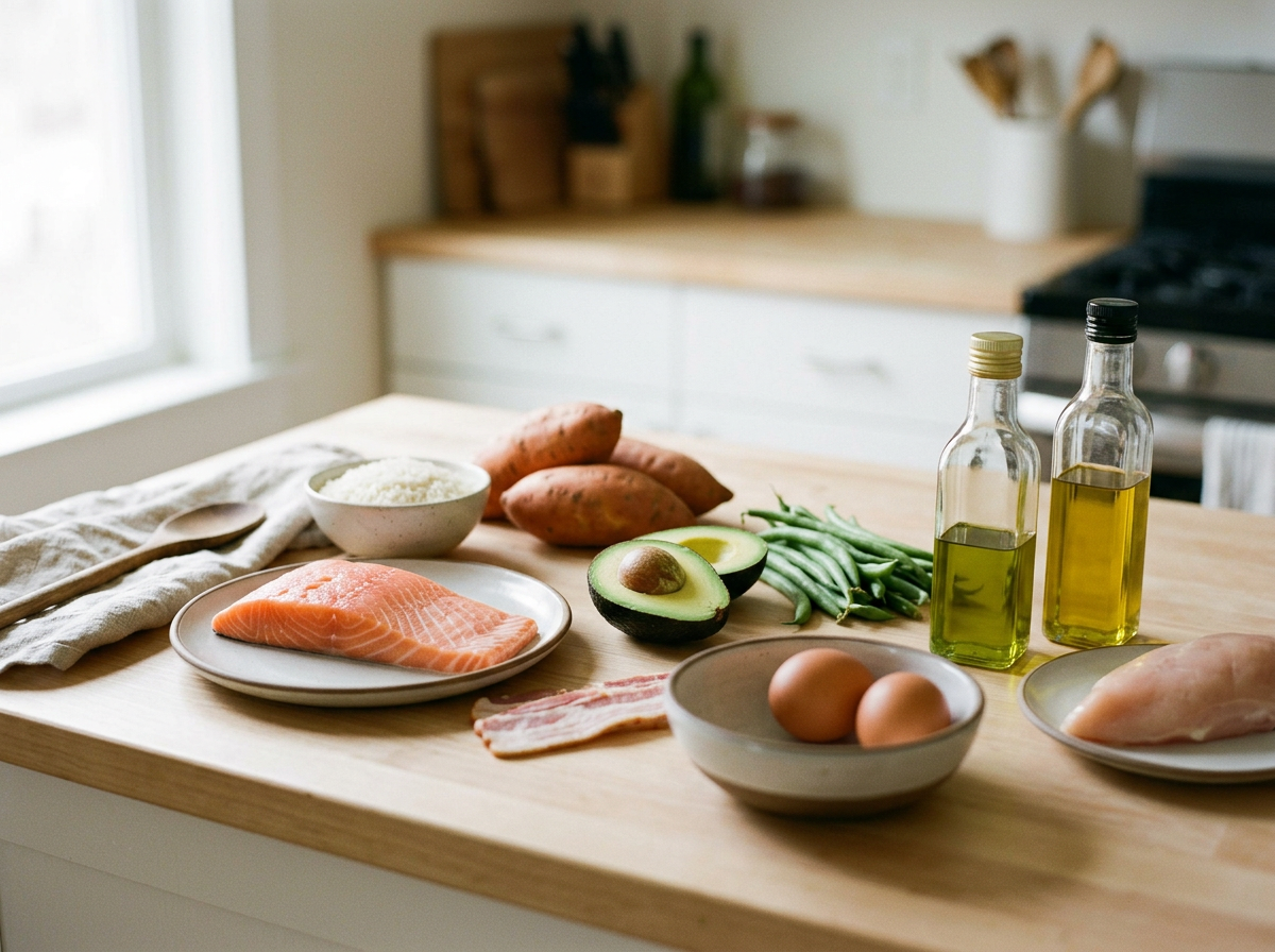 Ingredients for a meal on a kitchen counter, including salmon, eggs, sweet potatoes, avocado, green beans, bacon, chicken, olive oil, rice, and utensils.
