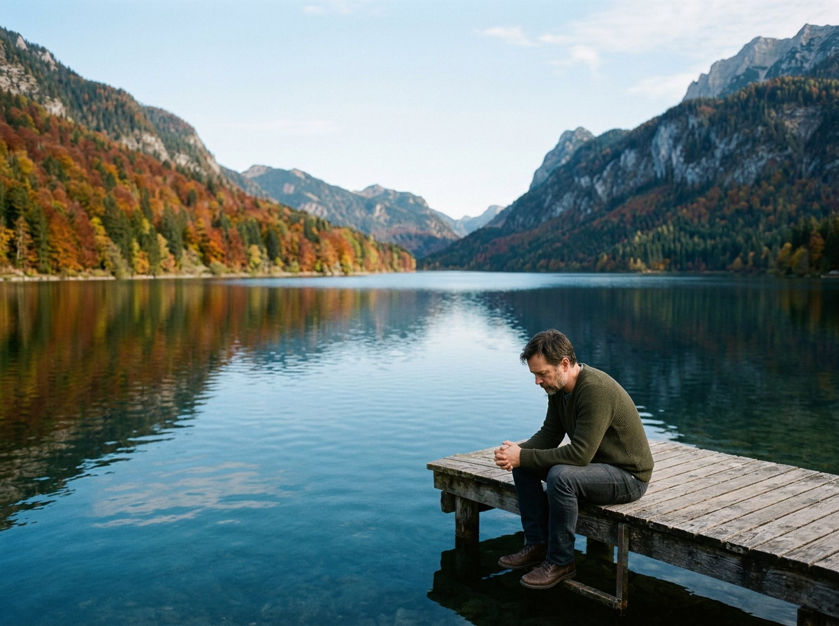 A man sitting on a wooden dock by a calm mountain lake during autumn, with colorful trees and mountain peaks in the background.