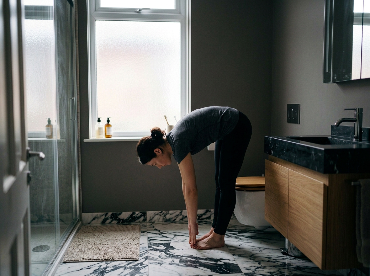 A woman in grey shirt and black leggings bending forward in a bathroom, touching her toes. The bathroom has a marble floor, a towel rack with a towel, a vanity with a black countertop, a window with frosted glass, and bottles on the windowsill.