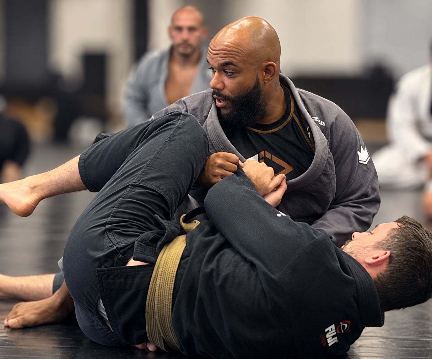 Two men practicing Brazilian Jiu-Jitsu on a mat; one in a black gi and the other in a grey gi with a gold belt; the man in the grey gi is applying a choke hold while the man in black is on his back, and a crowd watches in the background.