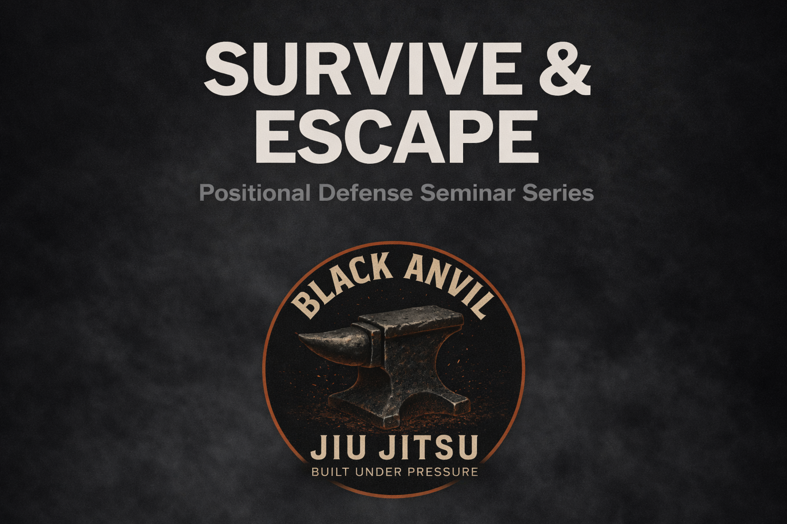 Poster for a seminar series titled "Survive & Escape" focusing on positional defense, featuring a logo with a blacksmith anvil and the text "Black Anvil Jiu Jitsu Built Under Pressure".