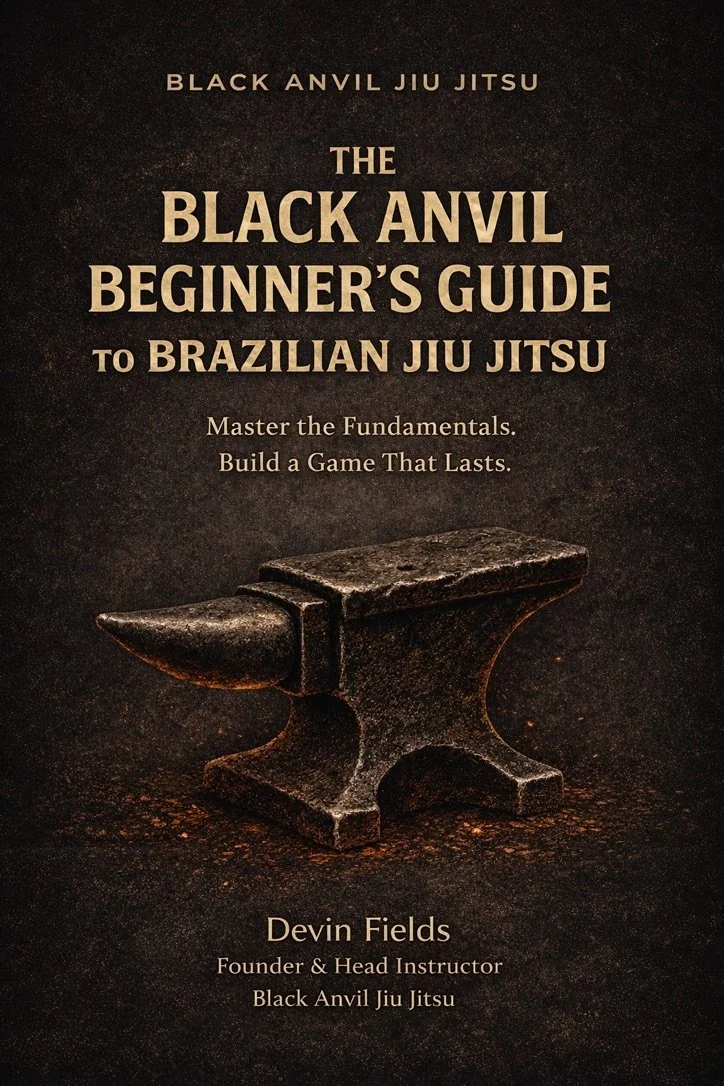 Book cover titled 'The Black Anvil Beginner's Guide to Brazilian Jiu Jitsu' with an image of an anvil on a dark background.