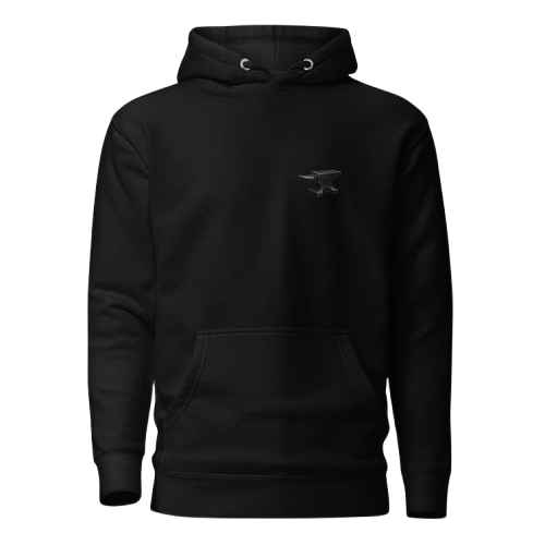 Black hoodie with a small logo on the chest and a front pocket.