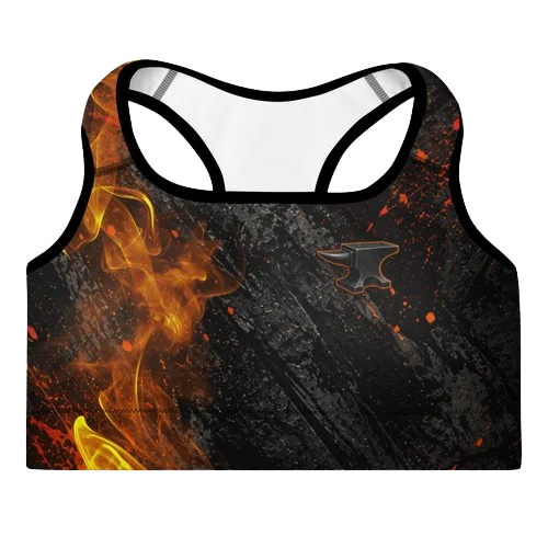 Close-up of a sports bra with a black, orange, and yellow flame design and a small black T-shaped logo.