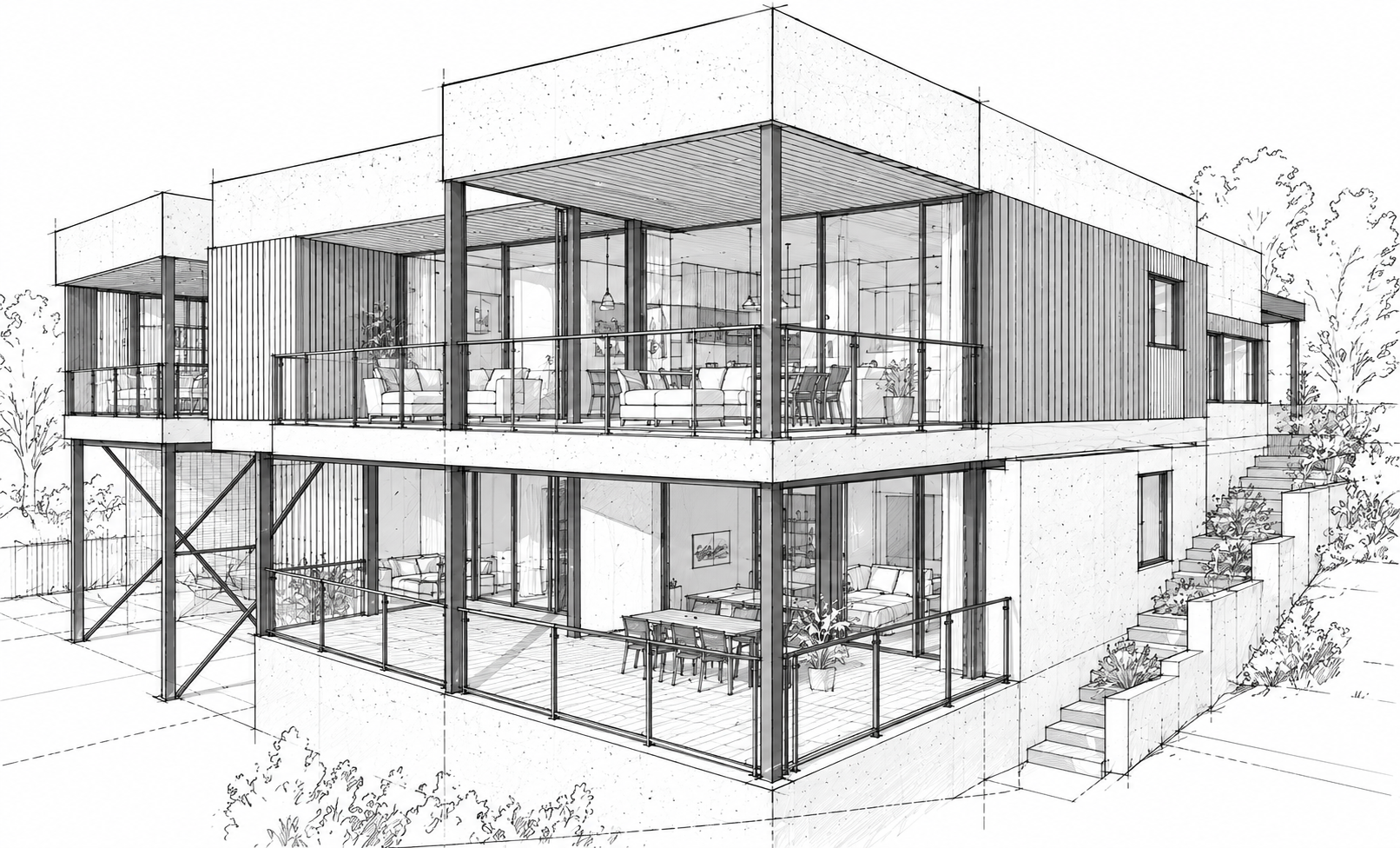 Architectural sketch of a modern multi-story house with outdoor terraces on each level, featuring glass walls, railings, and stairs on the exterior, surrounded by trees and landscape.