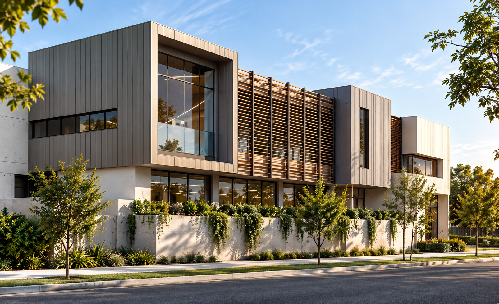 Modern multi-story building surrounded by landscaped greenery and trees.