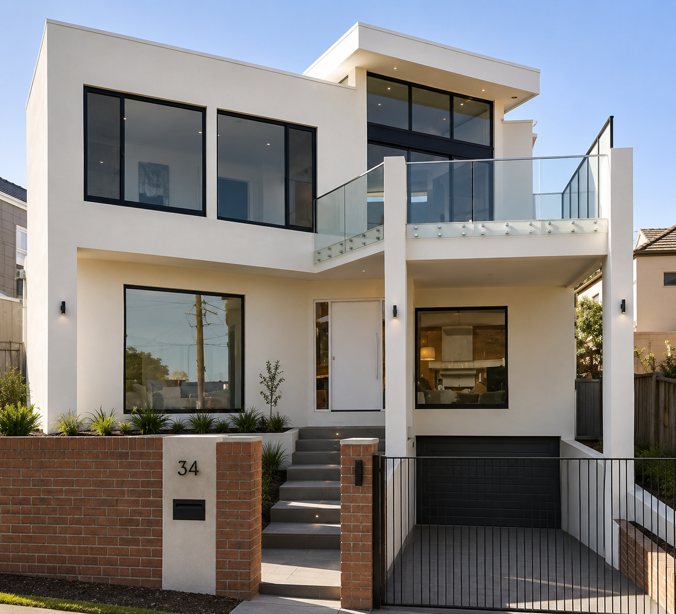 Modern white multi-story house with large black framed windows, glass balcony railings, and a brick and metal fence with the house number 34.