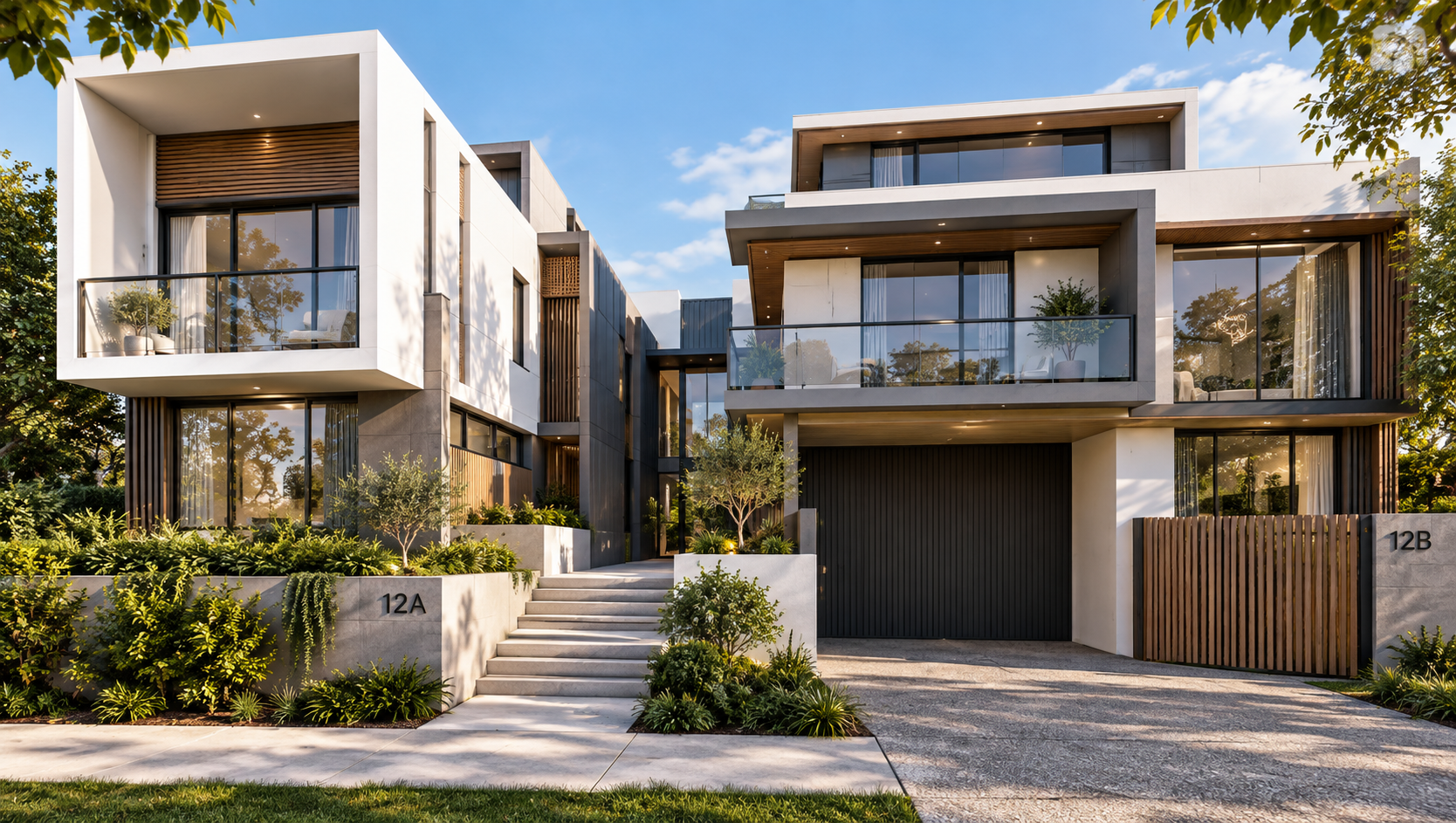 Modern multi-story residential building with balconies and landscaped front yard.