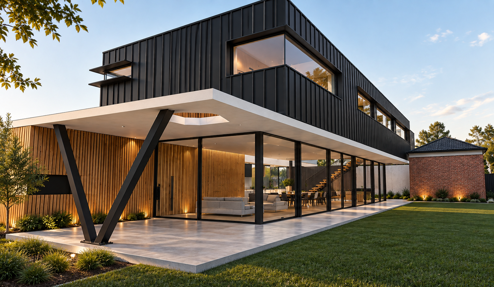 Modern two-story house with architecturally designed features.