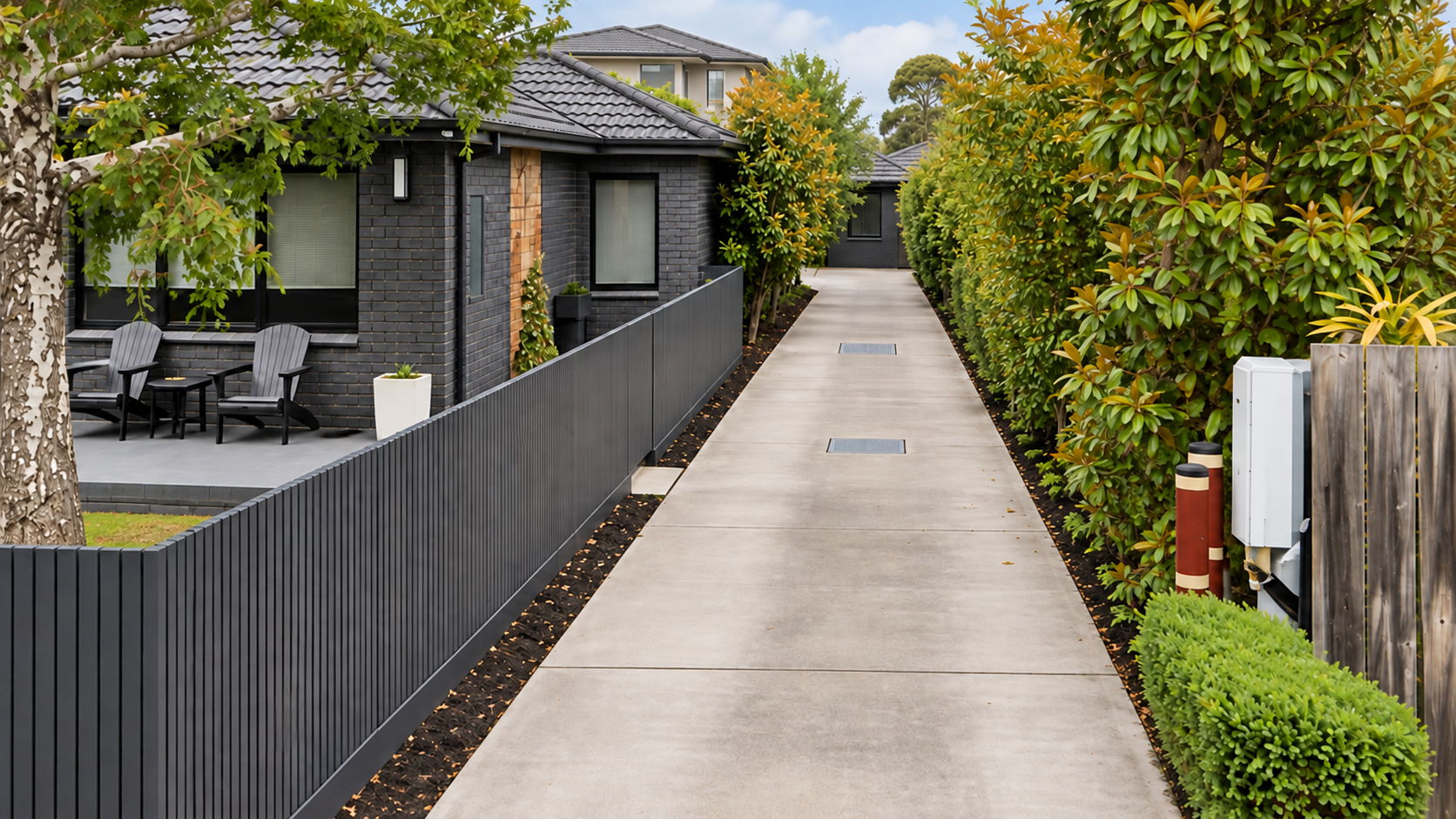 Unit development driveway showing stormwater drainage pits.