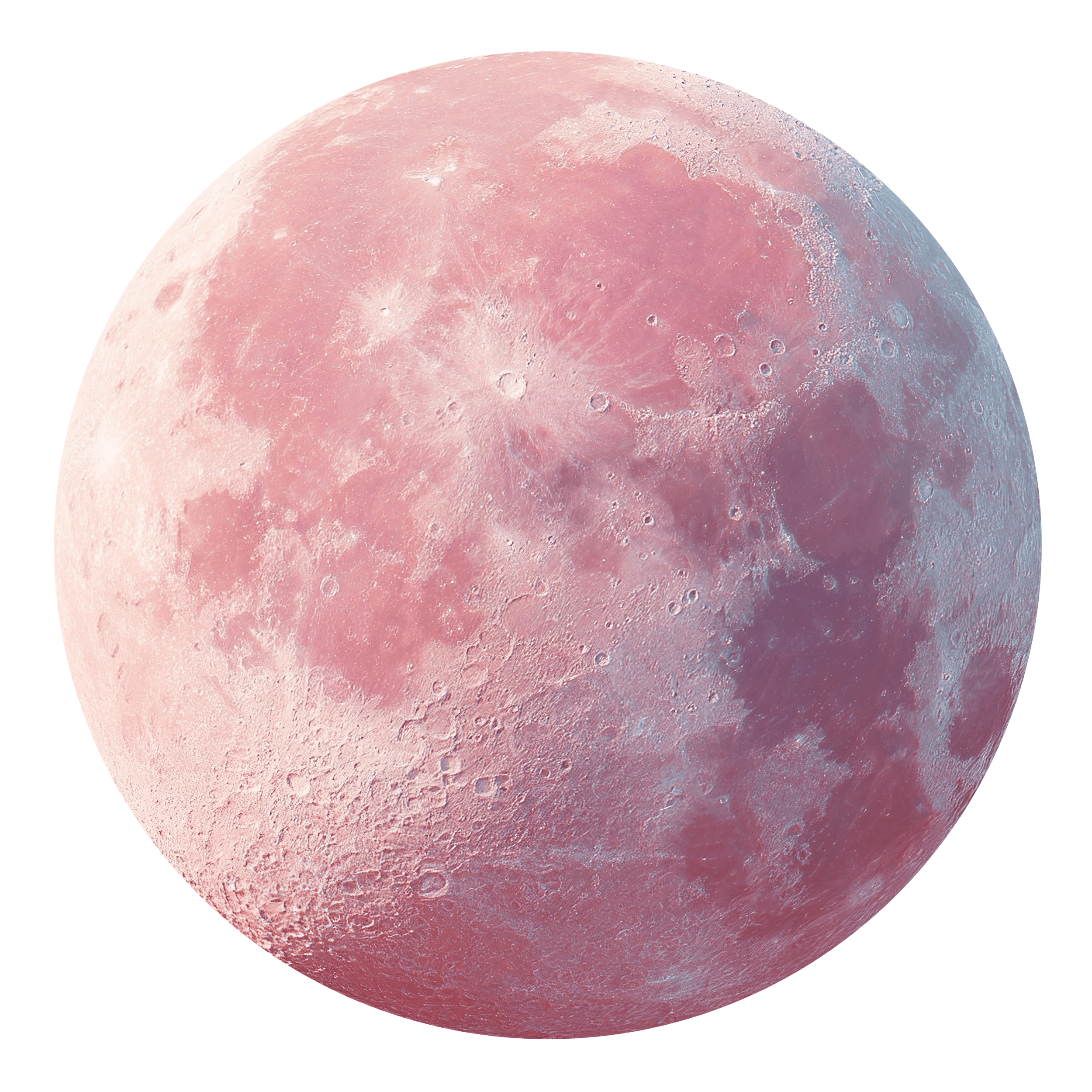 Close-up image of the moon with a pinkish hue, showing detailed surface features including craters.