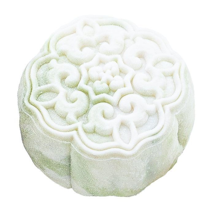 A white mooncake with intricate swirling patterns on top.