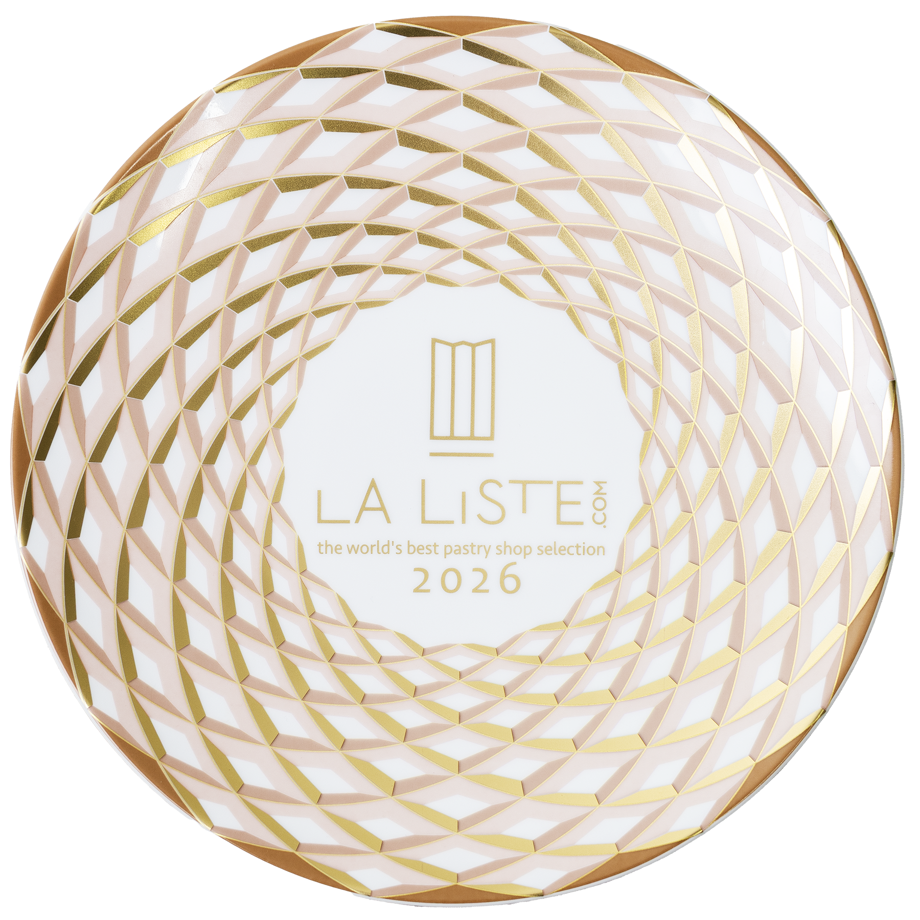 Close-up image of a decorative pastry with a white and gold geometric pattern, featuring text that reads 'LA LISTE 2026' and 'the world's best pastry shop selection.'