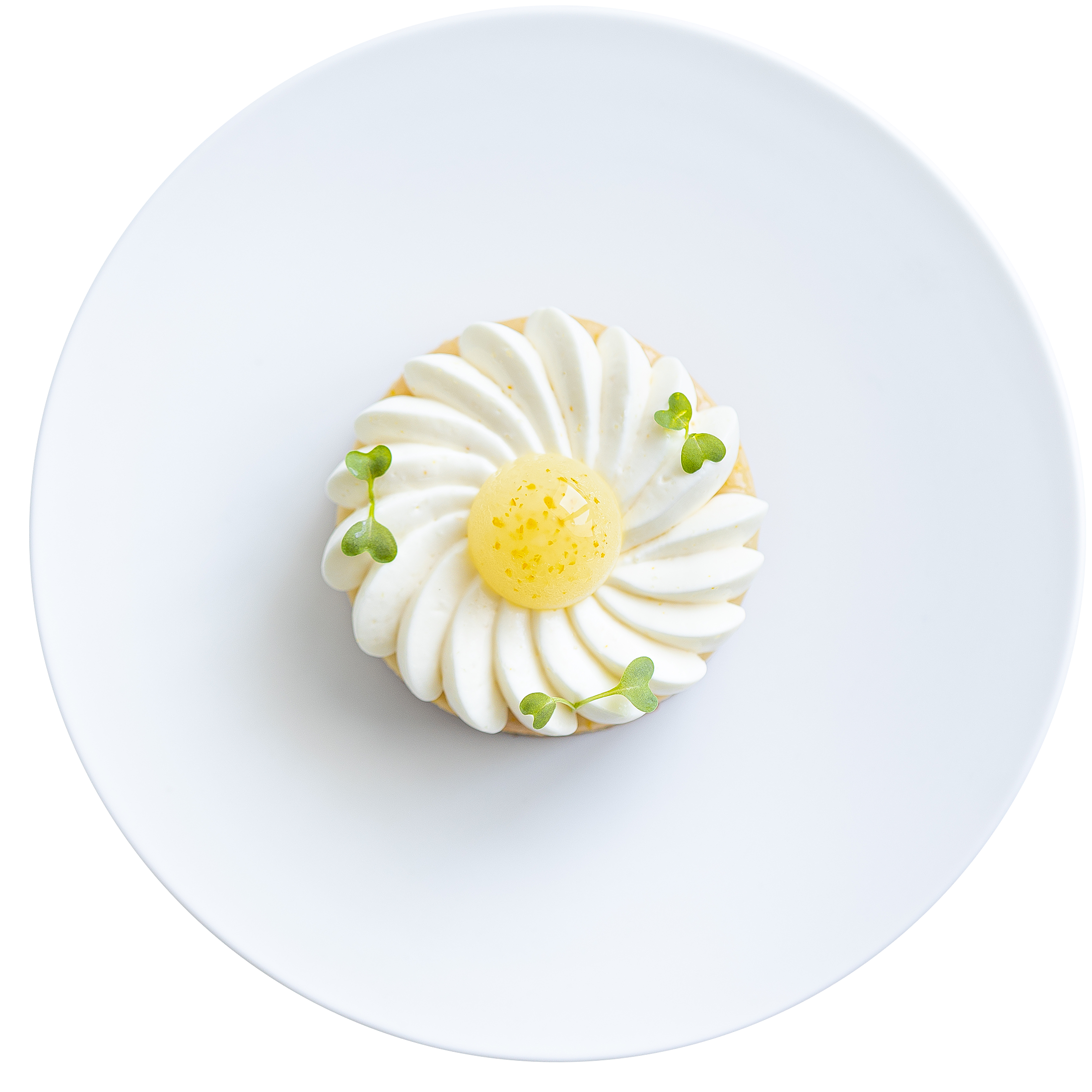 Close-up of a decorated cupcake on a white plate with white icing, green leaf-shaped sprinkles, and a yellow candy on top.