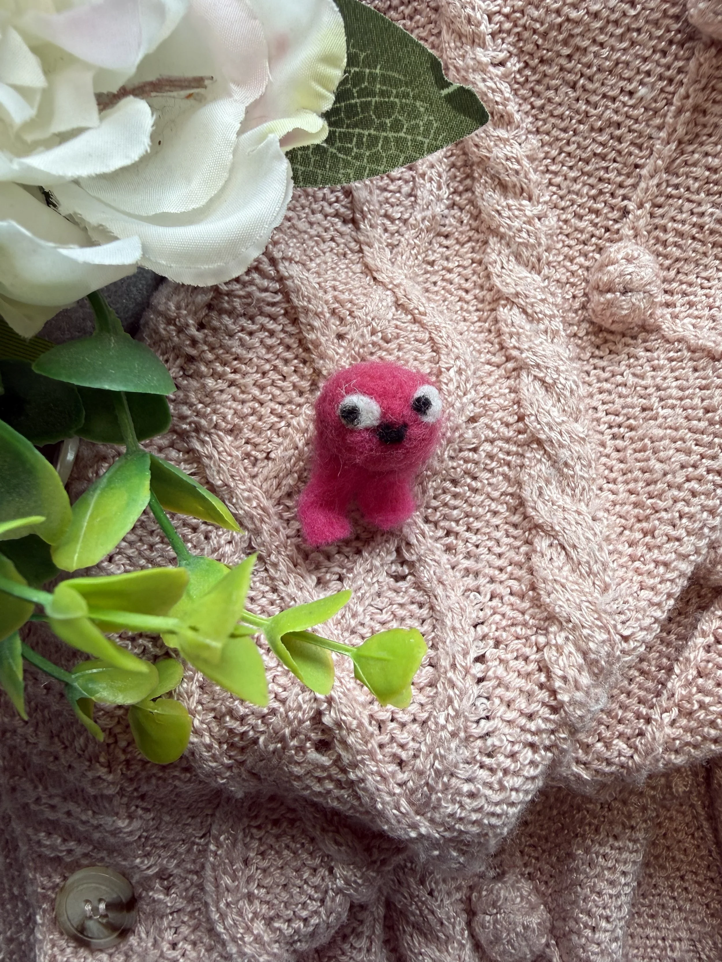 Felted pink monster pin