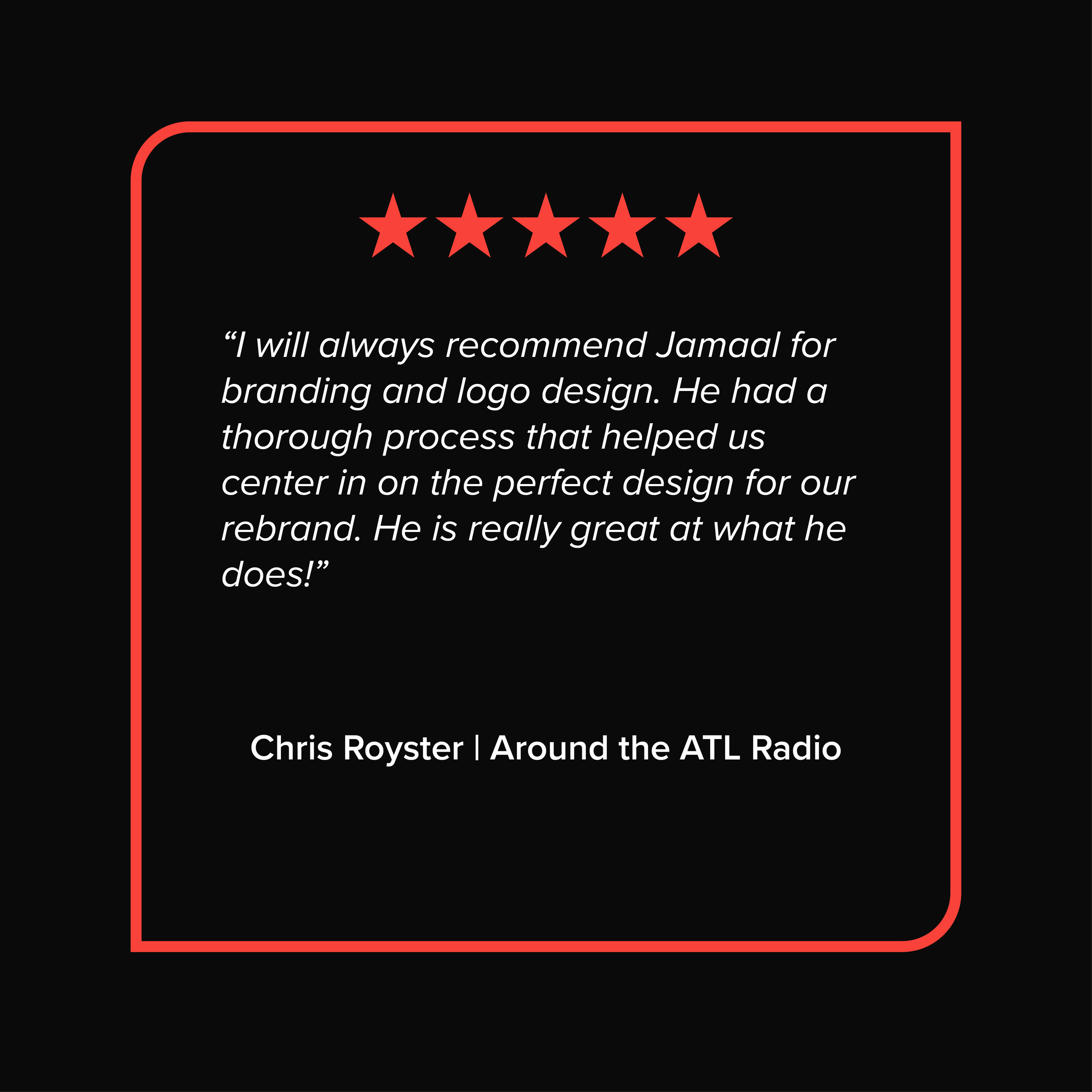 Design of an award or badge with five red stars and a quote about Jamal branding, with a red border on a black background.