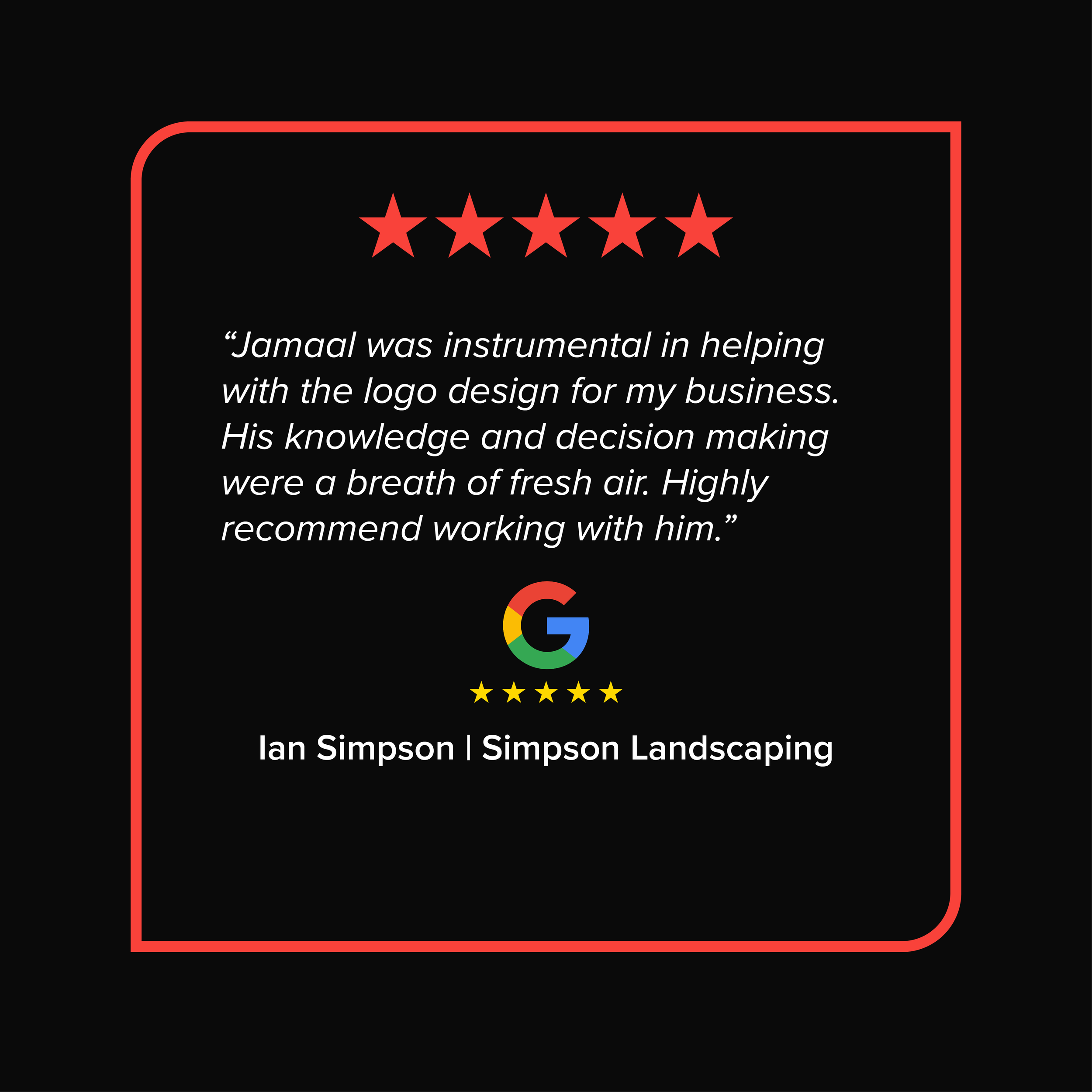 Google review with five red stars and a testimonial about Ian Simpson and Simpson Landscaping.