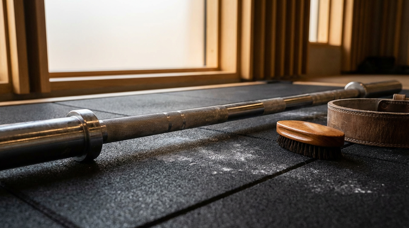 A weightlifting barbell, a grooming brush, and a leather belt resting on a rubber gym mat near a window.