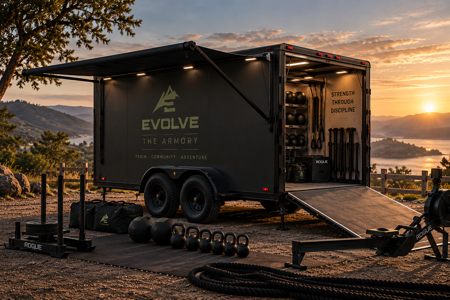 The Armory mobile training trailer with strength and conditioning equipment at an outdoor training location