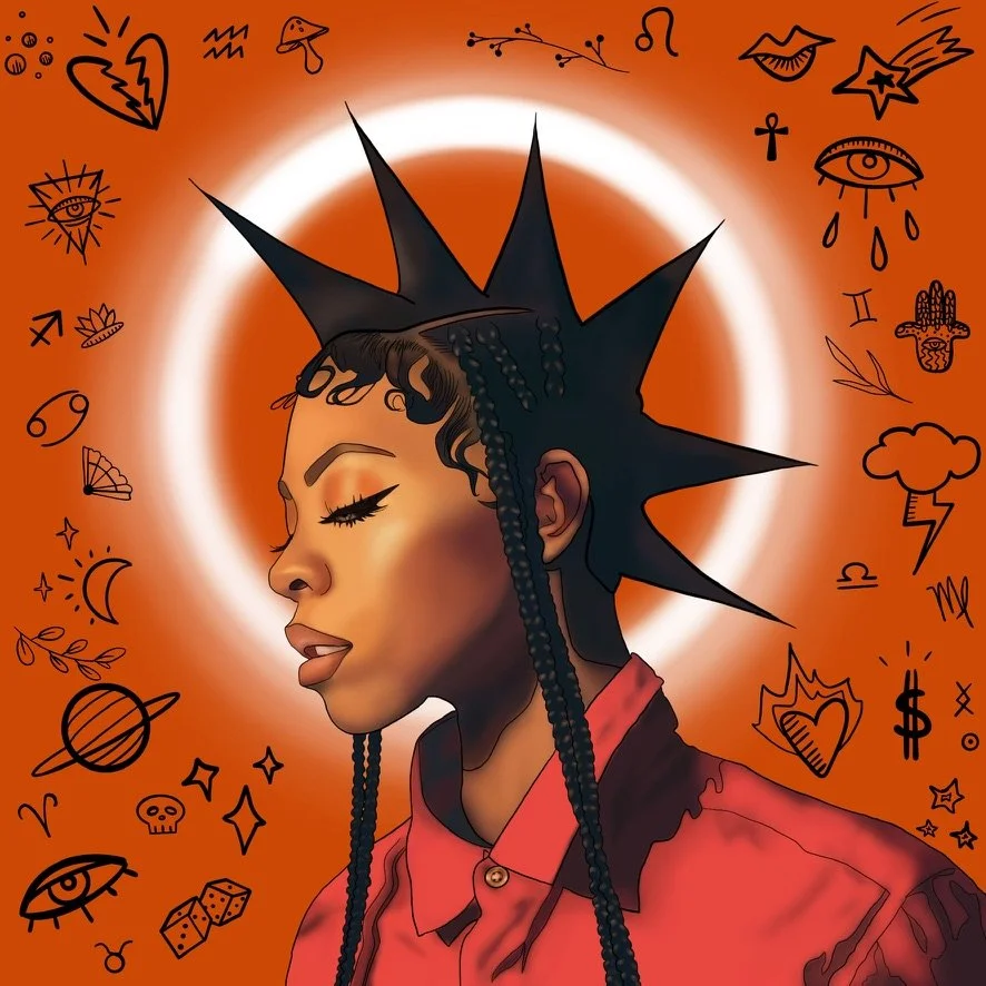 Digital artwork depicts a woman with dark skin and closed eyes, wearing a braids hairstyle with a spiked black crown. She has a halo-like white glow behind her head against an orange background filled with black doodles of symbols, including a broken
