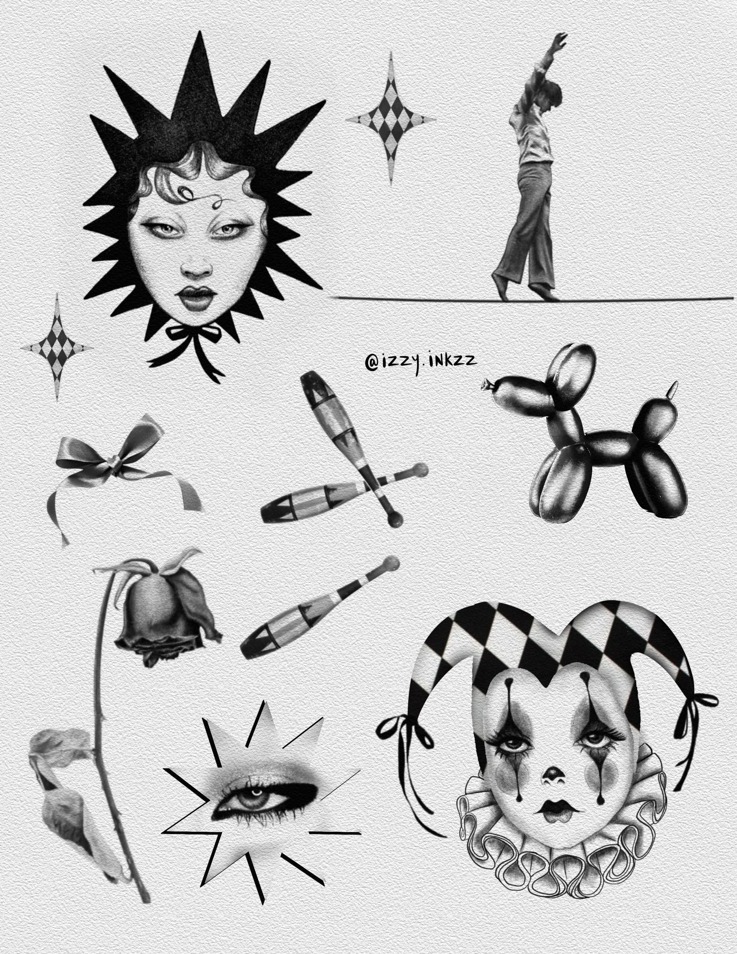 Black and white collage featuring faces, a woman's face with a teardrop makeup design, a balloon dog, a woman performing a dance, and various geometric star shapes, with the artist's Instagram handle '@izzy.inkzz' in the center.