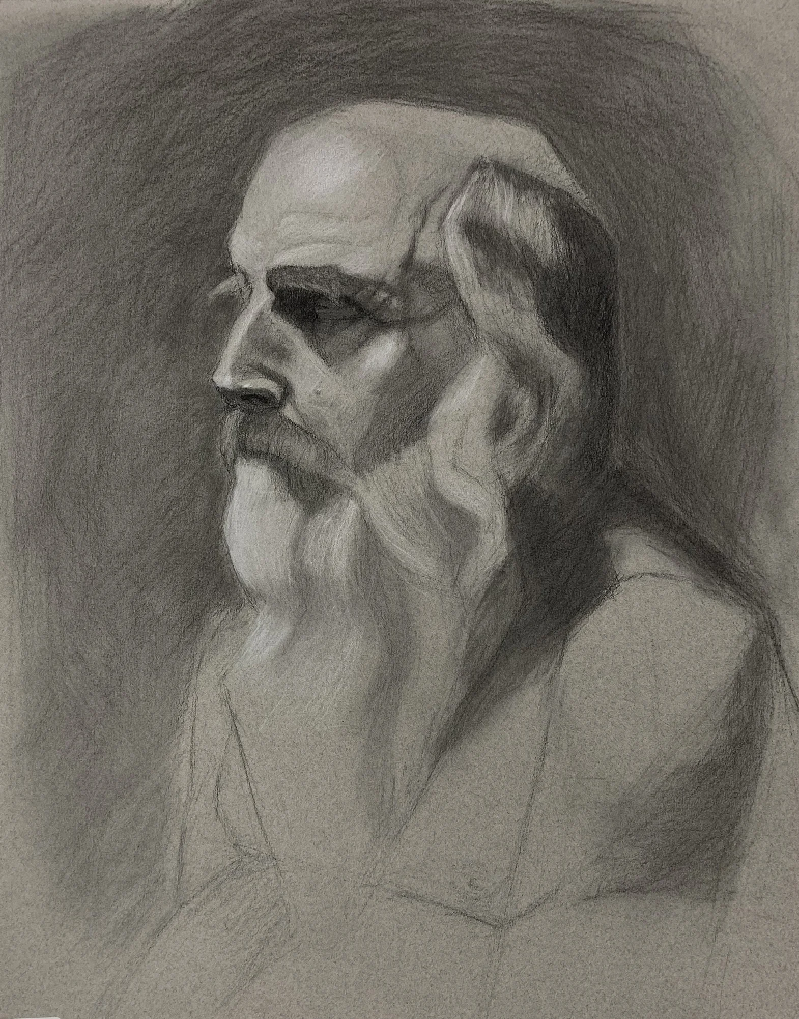 A detailed pencil drawing of Jesus Christ in profile, showing his face, beard, and long hair with shading to depict depth and contours.