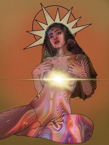 A stylized drawing of a woman with long hair, with a halo-like crown behind her head, holding her chest while sitting cross-legged. The image has a glowing, colorful effect around her.