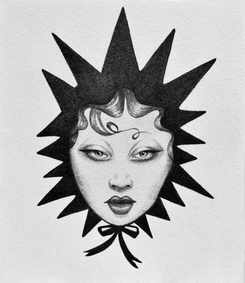 Black and white drawing of a woman's face with curly hair, surrounded by a spiked, starburst-like border, with a bow underneath.