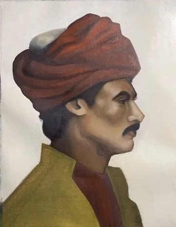 Painting of a man wearing a red turban, with a mustache and a serious expression, dressed in a yellow coat. 