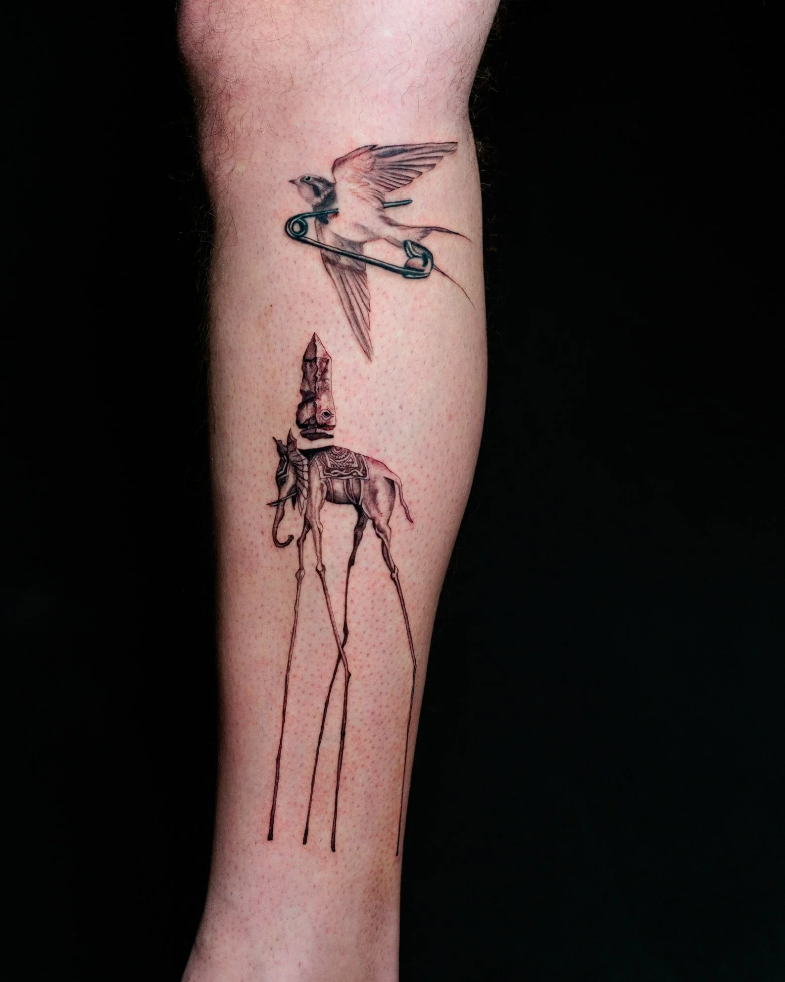 Tattoo of a bird with outstretched wings flying above a geometric animal on a person's arm, with long lines extending downward.