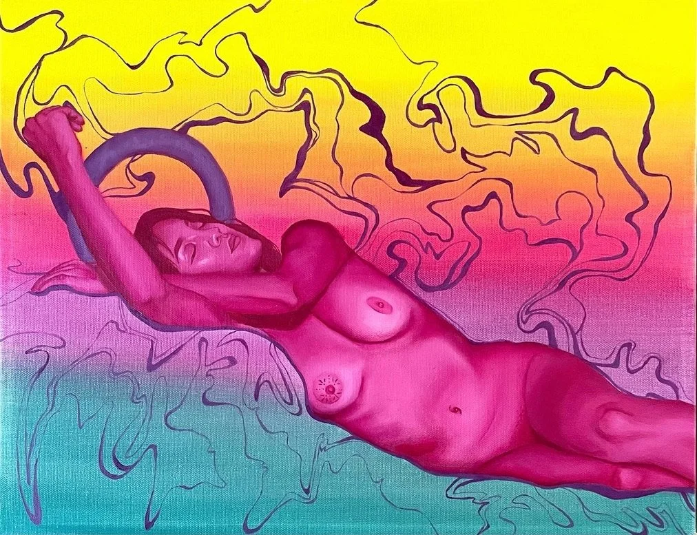 A pink-toned painting of a nude woman lying on her back with arms raised, holding a curved object above her head. The background has vibrant, swirling abstract lines in yellow, pink, purple, and turquoise.