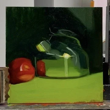 A still life painting of a red bell pepper, a smaller red item, and a green glass jar on a green surface with a dark background.