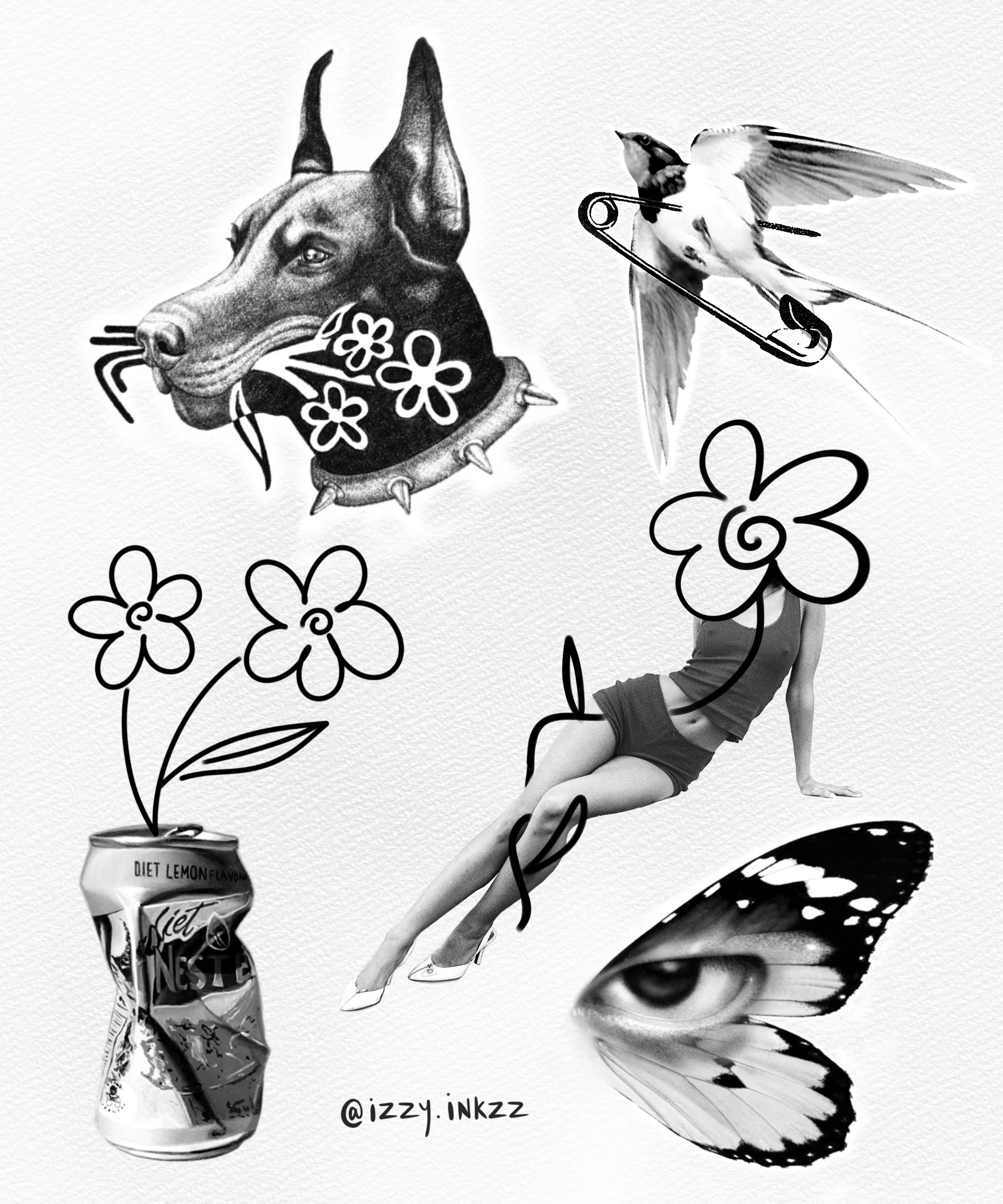 A black and white artistic collage featuring a Doberman dog with a spiked collar and flowers, a woman in a dress with high heels, a hummingbird, a can of diet lemon-flavored soda, and an eye illustration. The artist's name, '@izzy.inkzz,' is written 