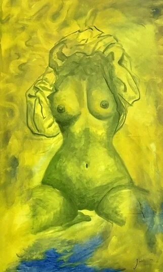 A painting of a nude woman sitting with her knees bent, her hands behind her head, surrounded by yellow and green hues.