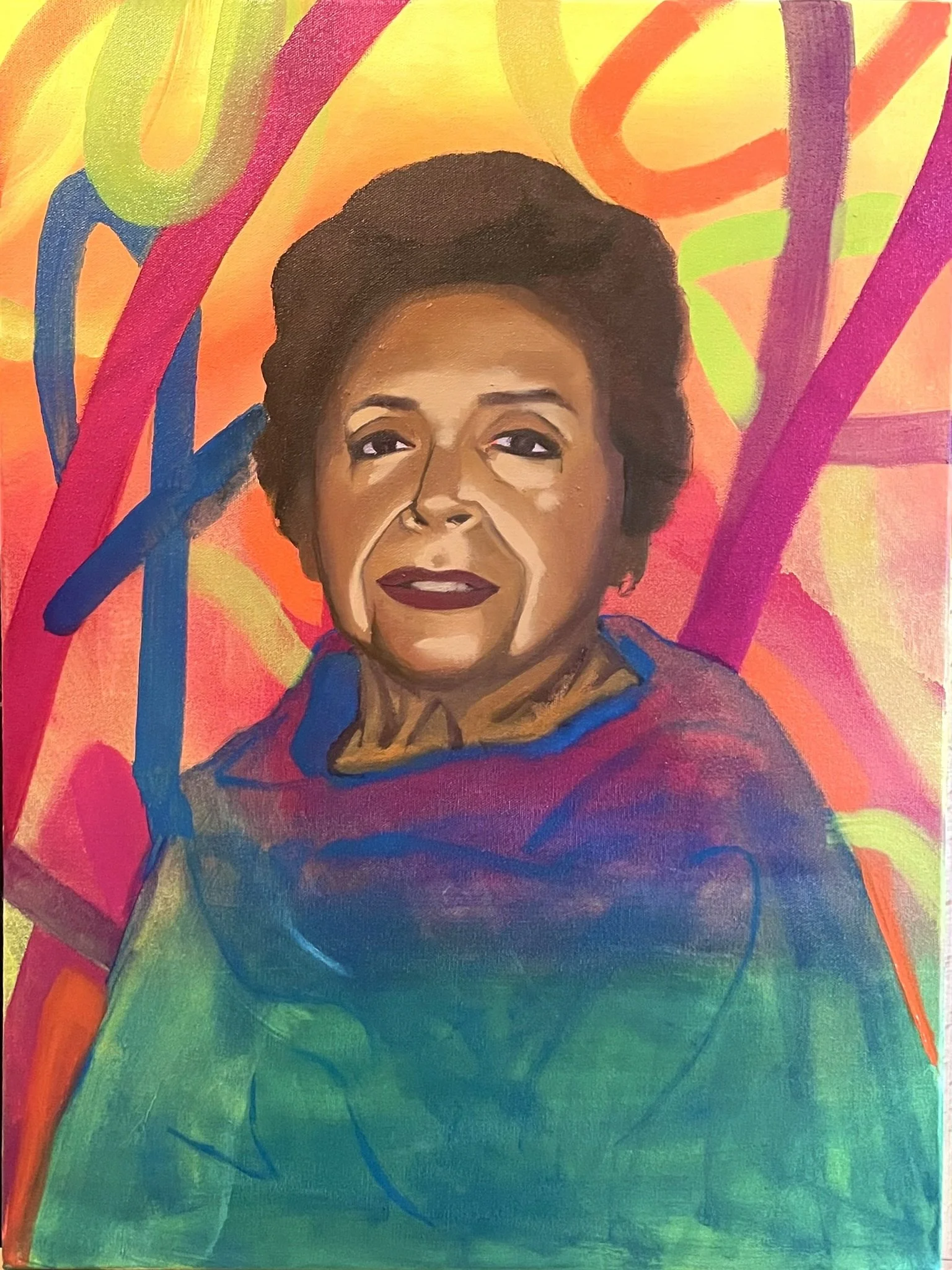 A portrait of an older woman with short hair, dark lipstick, and a serious expression, set against a vibrant, colorful abstract background with swirls and curved lines in bright colors.