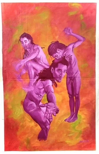 Three nude women with long hair, painted in purple tones, are depicted against a vibrant orange and yellow background with green accents.
