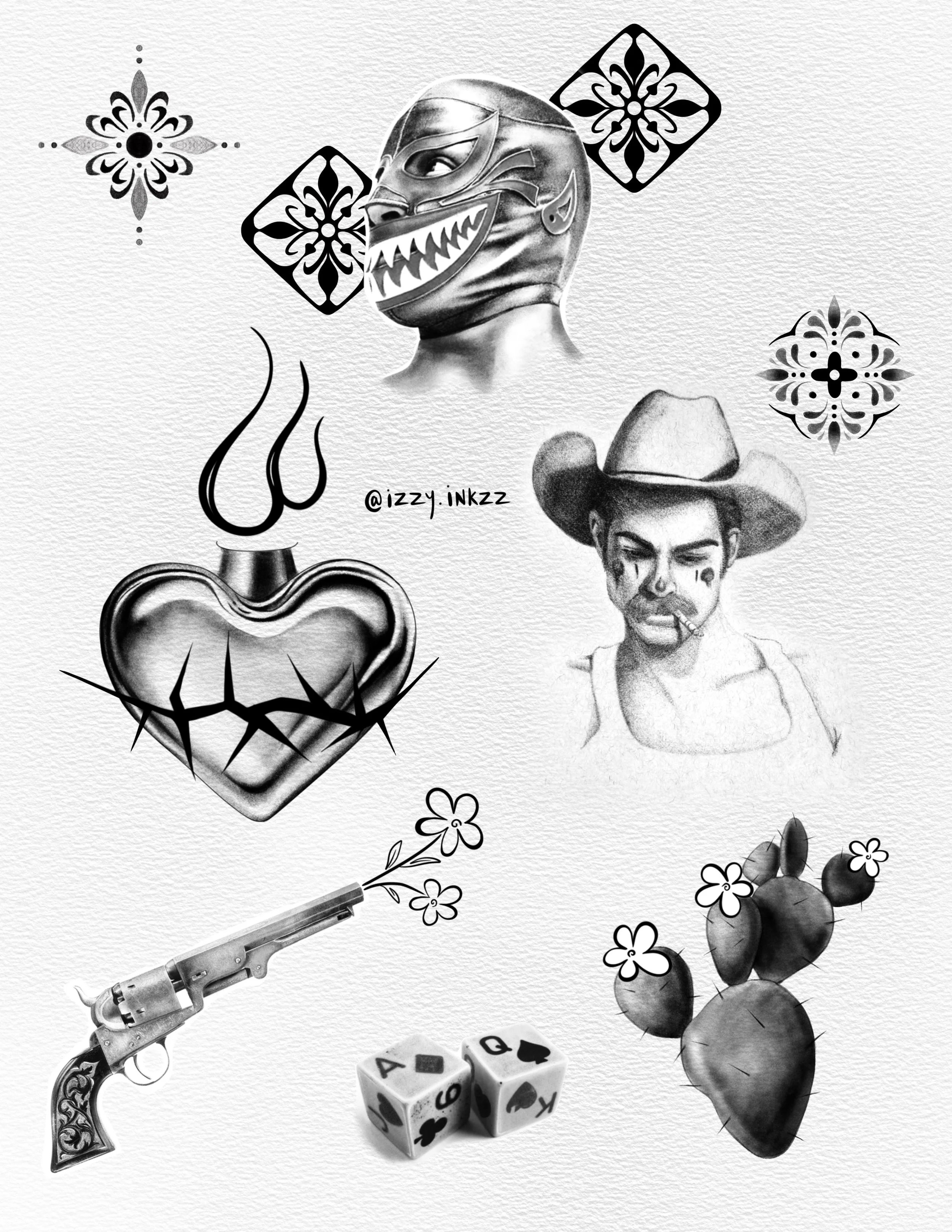 Black and white illustration featuring a masked wrestler, a woman with face tattoos smoking, a revolver, dice, a cactus with flowers, a heart with cracks, a cactus with flowers, a gun, a heart with cracks, and various decorative patterns.