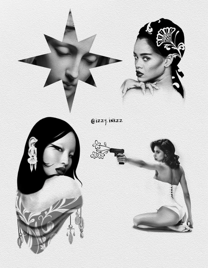 A collage of four black-and-white stylized images: a star-shaped cutout with a woman's face with eyes closed; a woman with a bandana with floral design; another woman with eye makeup and earrings; and a woman in a dress sitting on the floor pointing a gun with a floral illustration, with the text '@izzy.inkzz'.