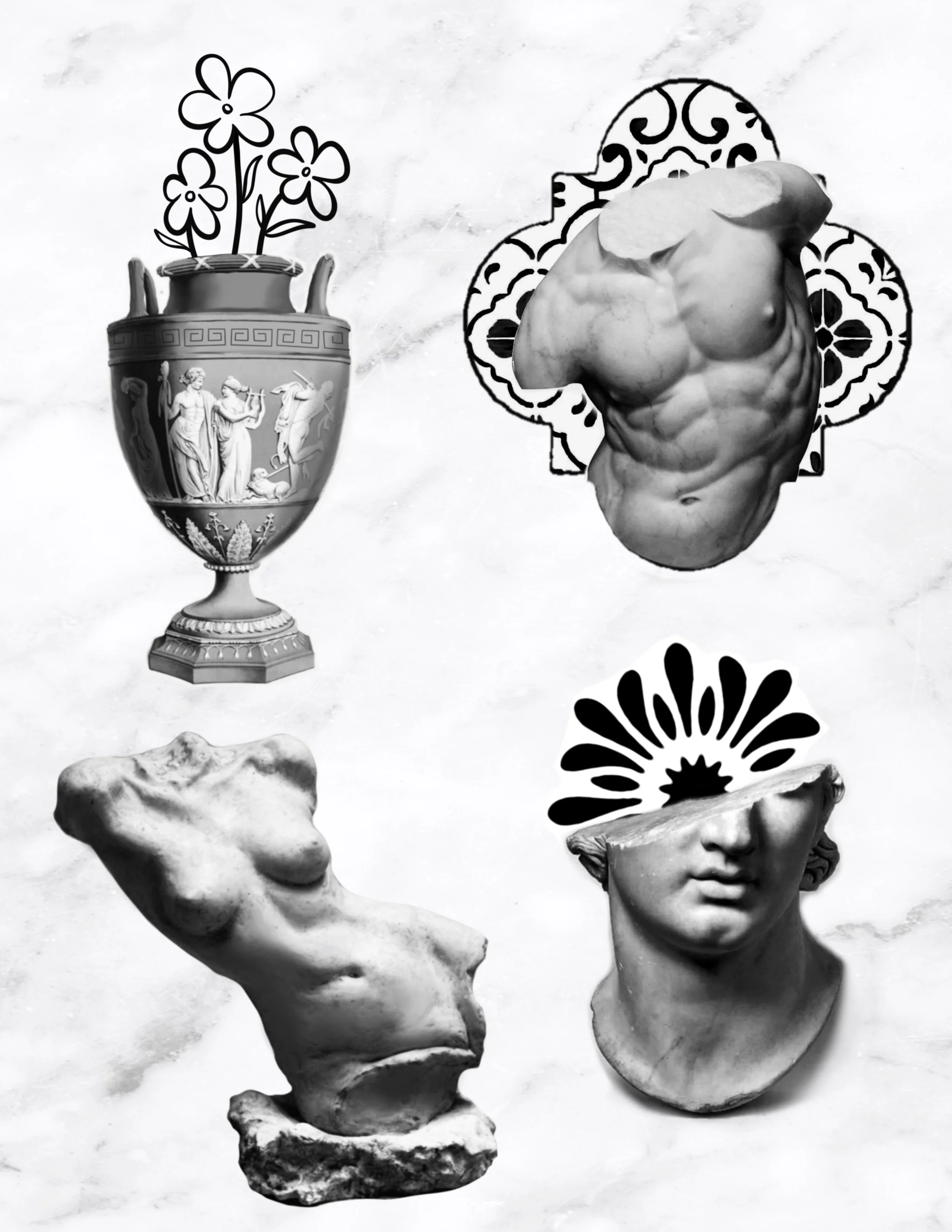 Collage with classical sculptures, black and white Vase with flowers, abstract floral patterns, and a partial face of a classical sculpture.