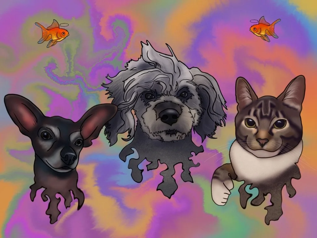 Digital illustration of a dog, a cat, and a chihuahua with colorful, abstract, rainbow-colored background.