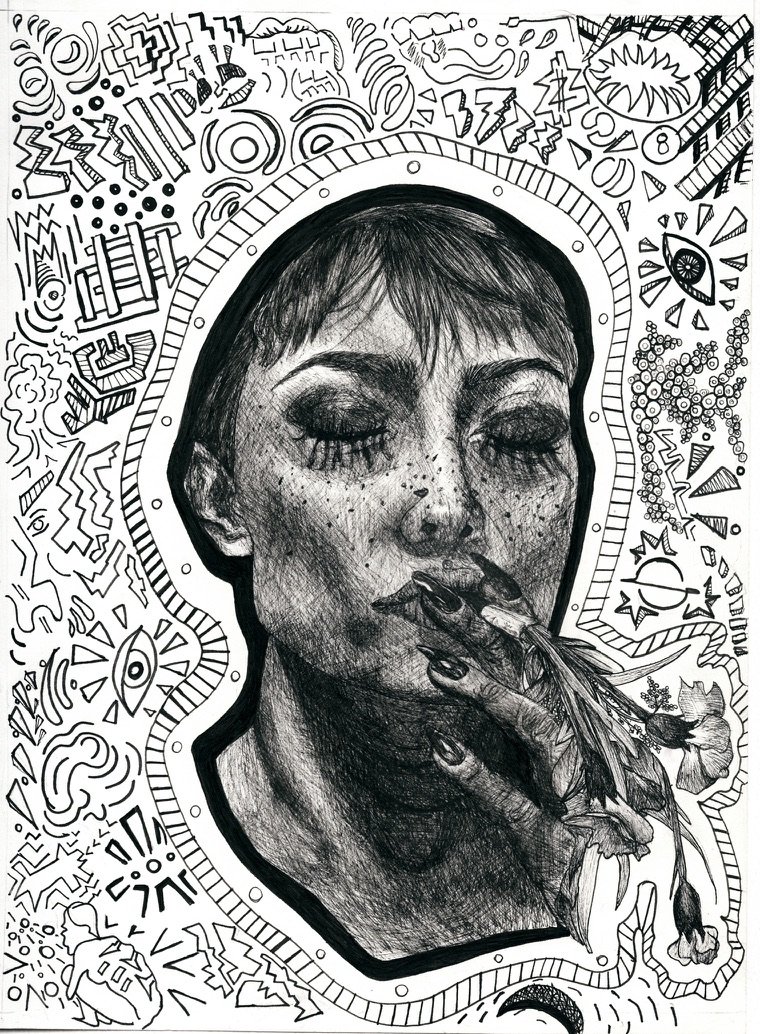 A detailed black and white drawing of a woman's face with closed eyes, surrounded by intricate doodles and patterns, including abstract shapes, eyes, stars, and lines.