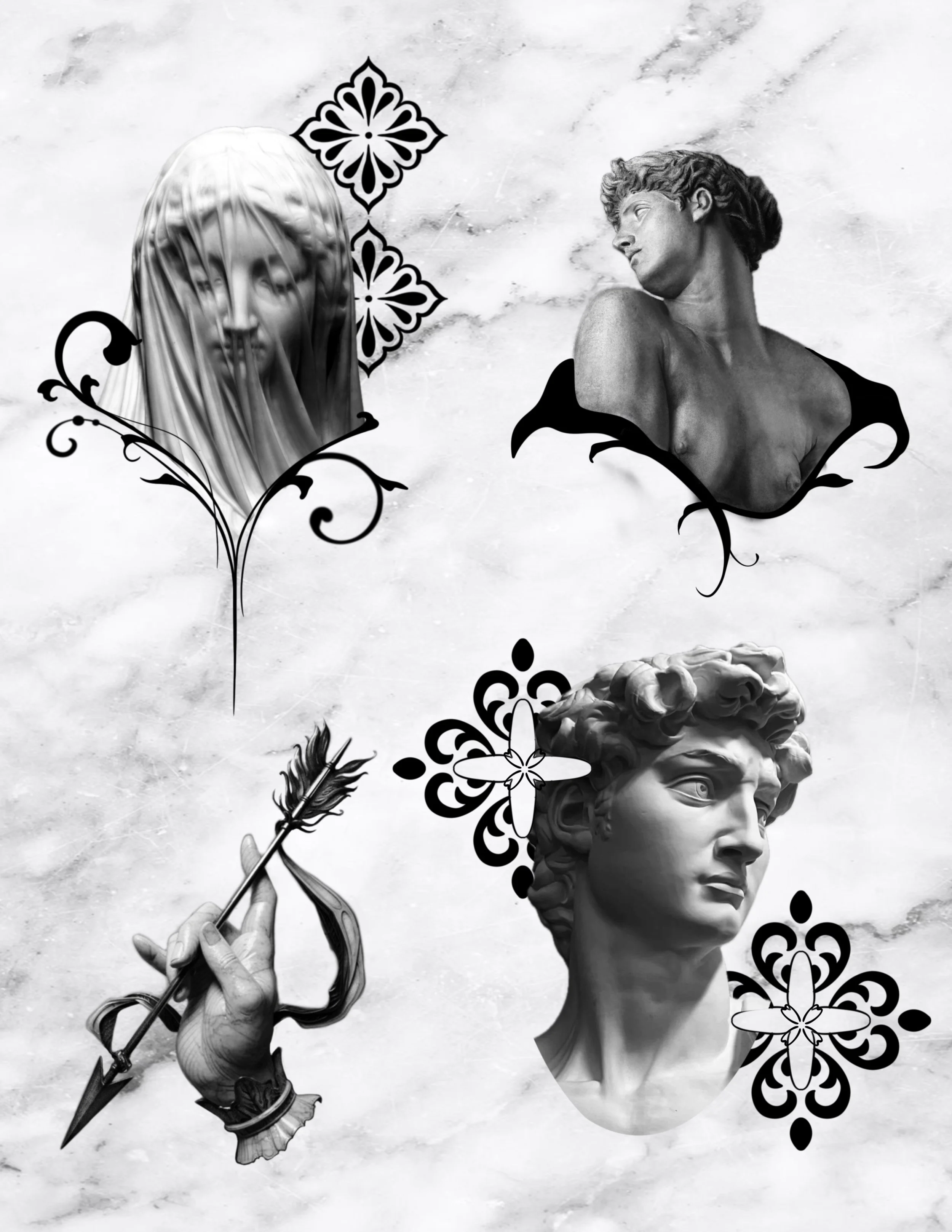 A collage of classical sculptures, including a woman's bust, a full statue of a woman holding a spear, and a bust of a man's head, decorated with ornate black floral patterns and butterfly designs, on a marble background.