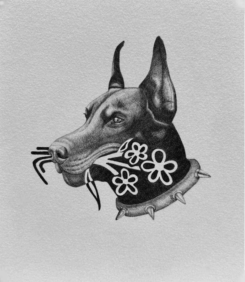 Black and white drawing of a dog with large ears, wearing a spiked collar, with flowers and abstract design on its neck.