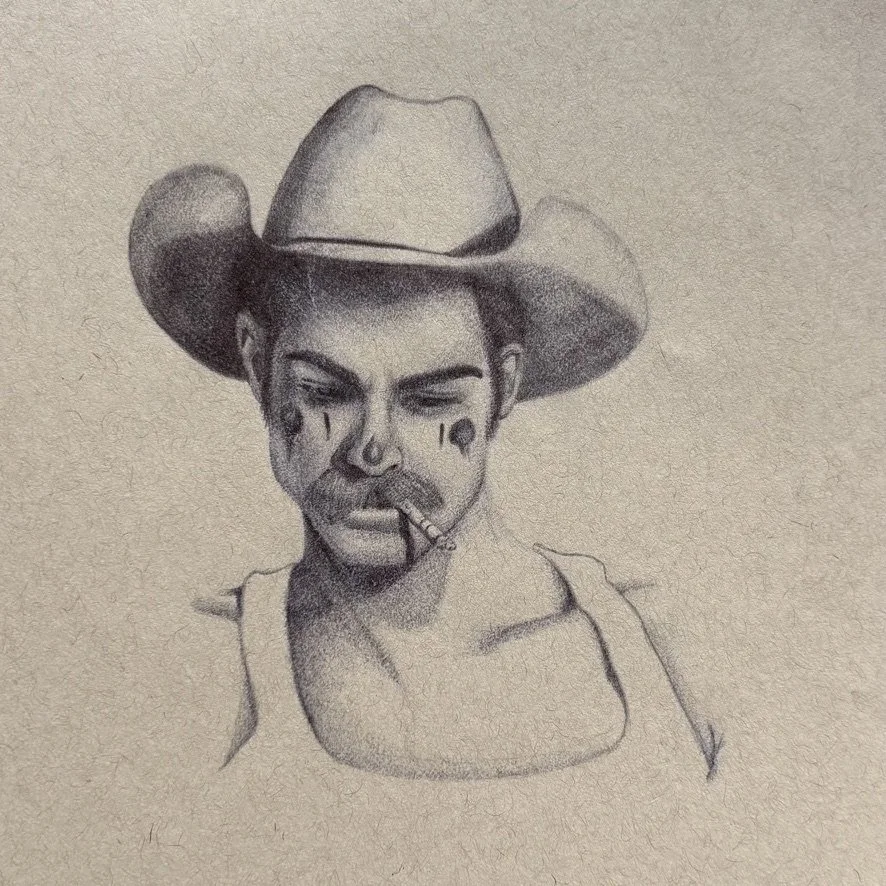 A pencil sketch of a woman with a cowboy hat, face tattoos, and a cigarette in mouth, wearing a tank top.