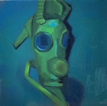 Painting of a green and blue robot against a blue background