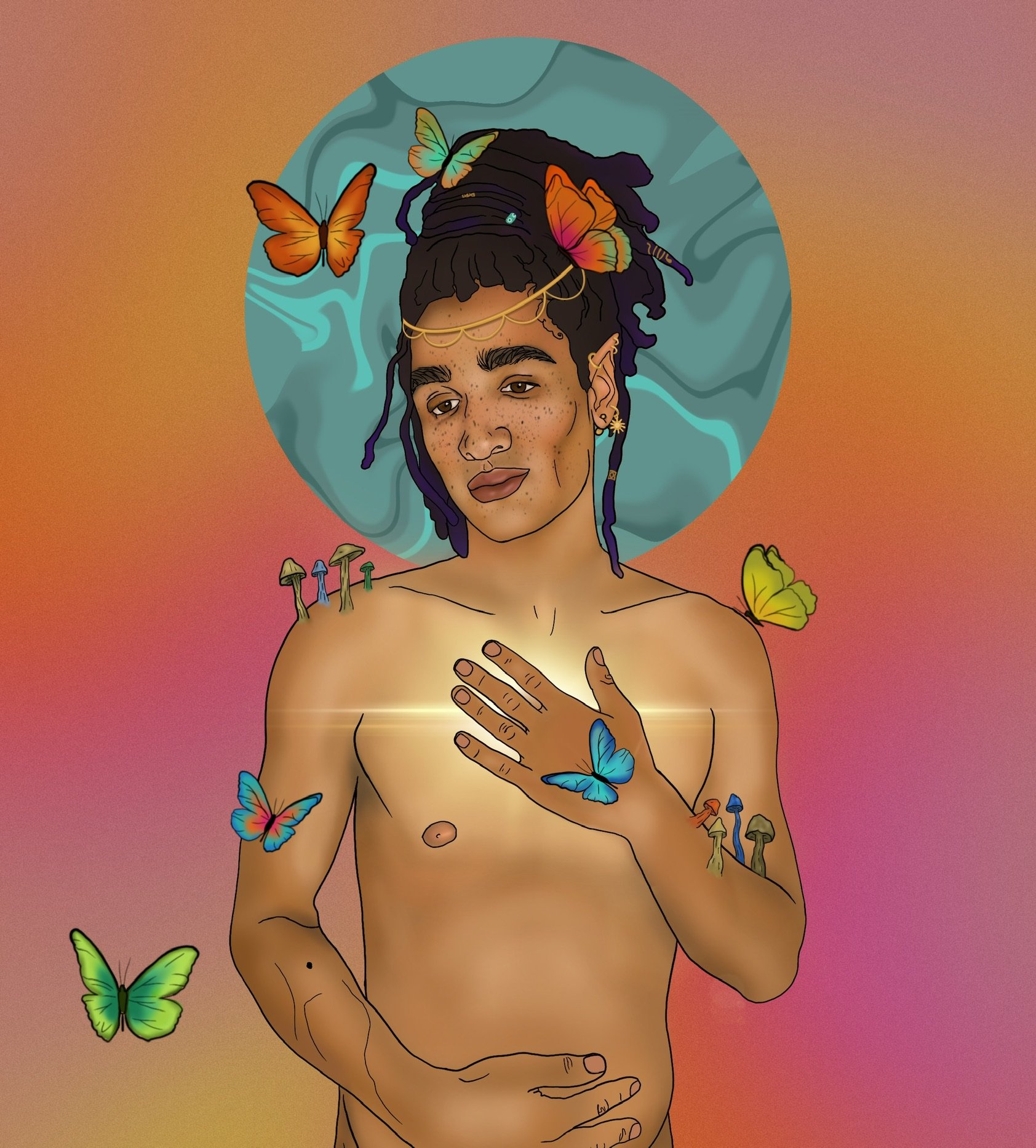 A digital illustration of a woman with dreadlocks adorned with butterflies and jewelry, holding her chest, surrounded by more butterflies and mushrooms, with a colorful, abstract background.