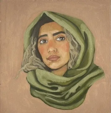 A woman with dark hair and neutral expression, wearing a green headscarf, in a painted portrait style.