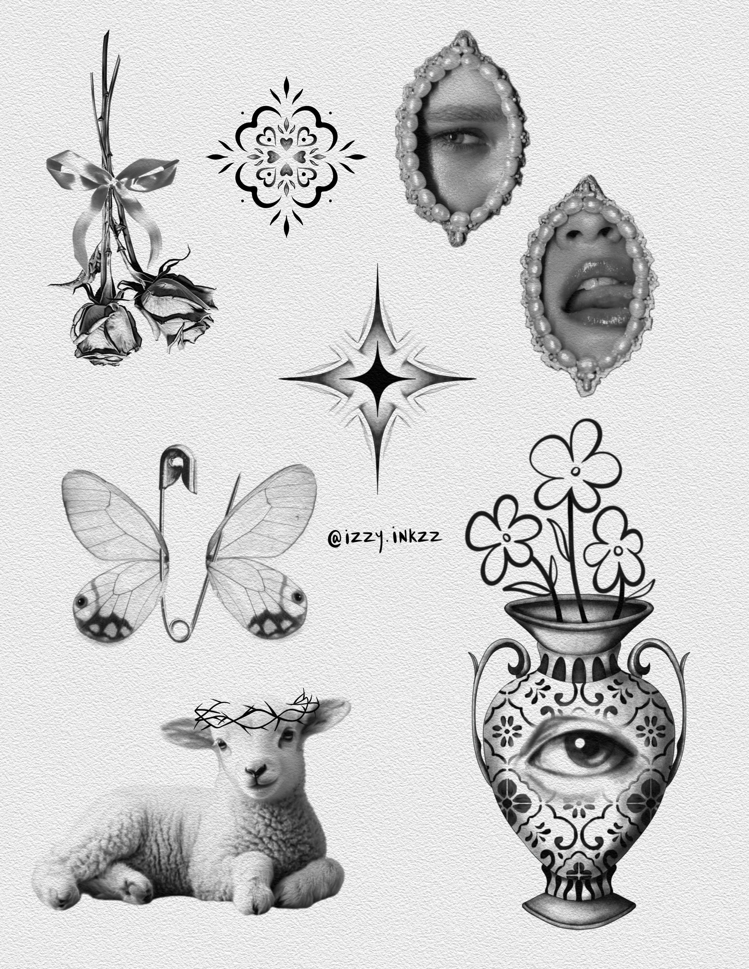 black and white collage with a teddy bear, a lamb, butterflies, flowers in a vase, decorative patterns, and masks.