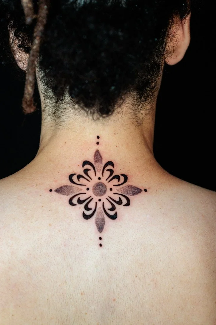 A floral tattoo with symmetrical black and gray elements on the back of a person's neck.