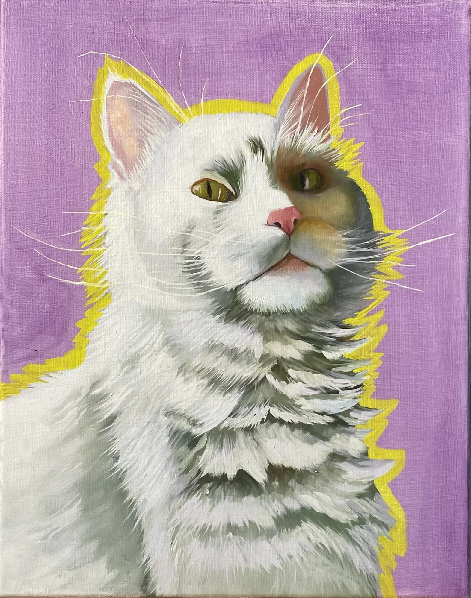Painting of a white cat with brown and green eyes on a purple background, outlined with yellow.